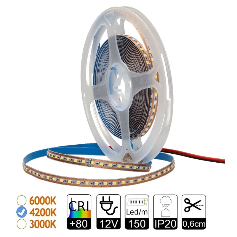 Tira led 12V 4200ºK 150 led/m 12W/m. SMD2025. Corte por led. PCB 6,8mm IP20