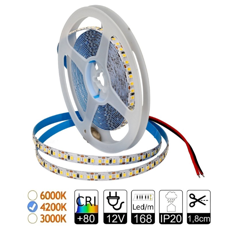 Tira led 12V 4200ºK 168led/m 14,4W/m Corte 18mm PCB 8mm IP20