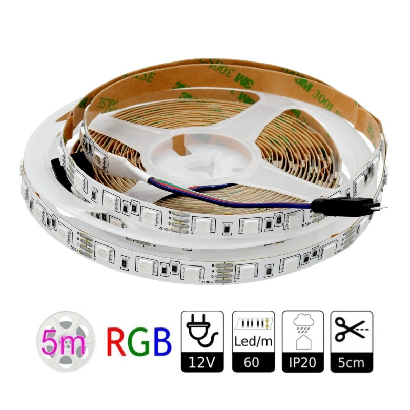 Tira led 12V RGB 60 leds/metro interior IP20 SMD5050 Bobina 5 mts