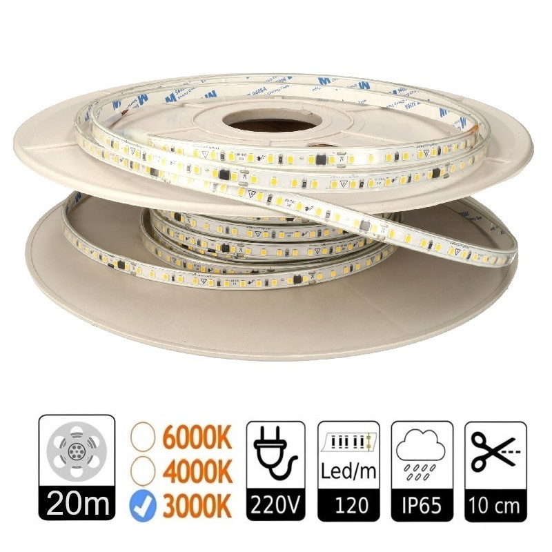 Tira Led 220V Autorrectificada corte 10 cm 15W/m 3000K IP65 Bobina 20 metros