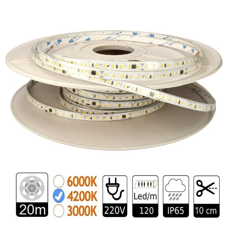 Tira Led 220V Autorrectificada corte 10 cm 15W/m 4200K IP65 Bobina 20 metros