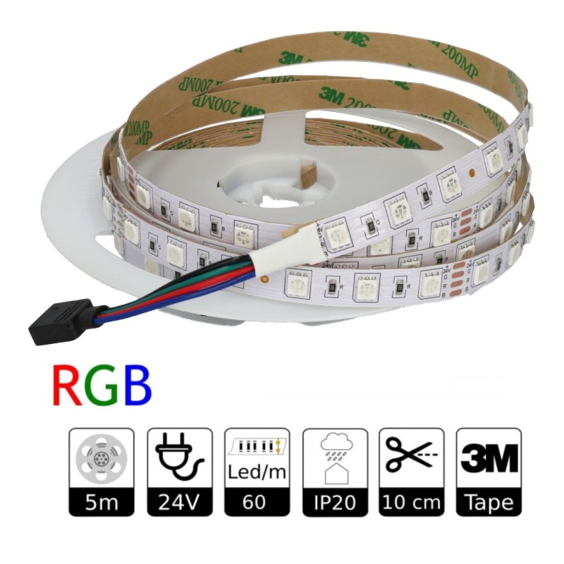 Tira Led 24V RGB Interior IP20 60led/m SMD5050 Adhesivo 3m Bobina 5m
