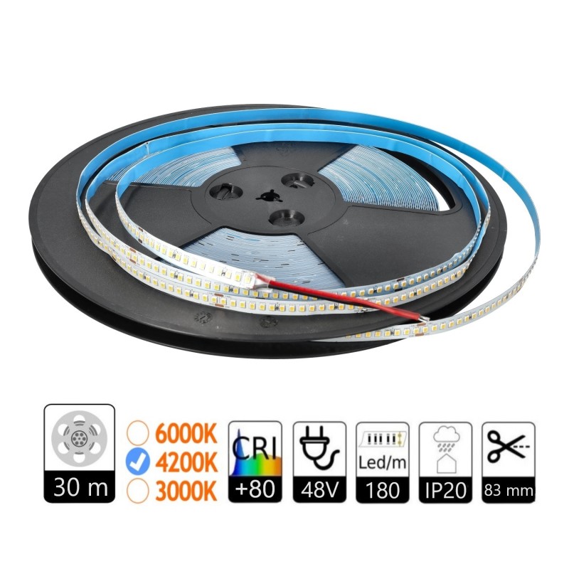 Tira led 48V 4200K 30 metros. 12W/m 140lum/W 180led/m Corte cada 8,33 cm IP20 PCB 10mm 4 Oz