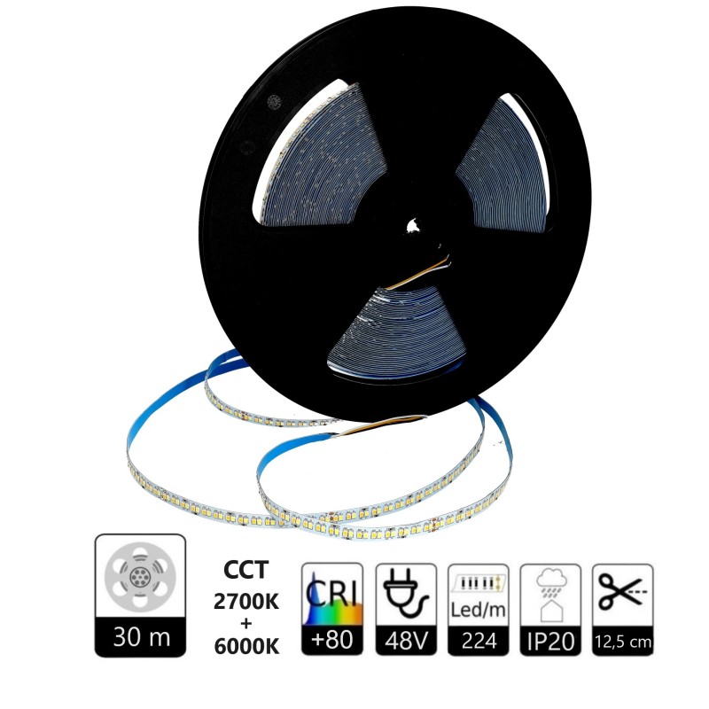 Tira led 48V CCT 224led/m IP20 PCB 10mm 4 Oz 30 metros