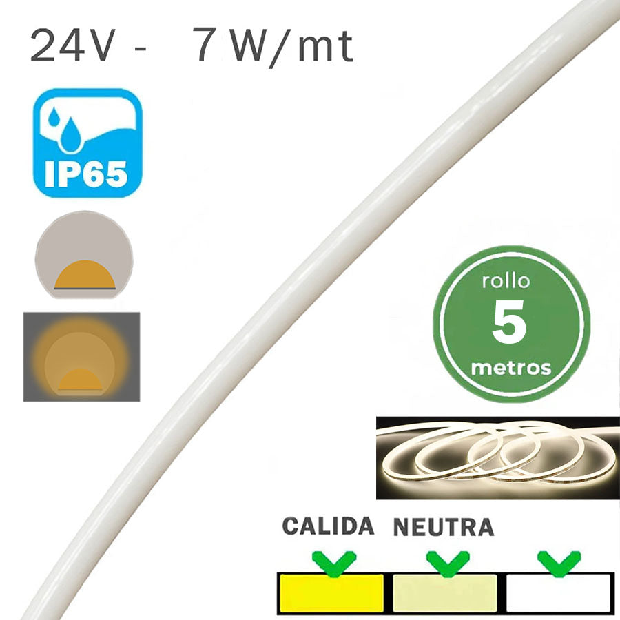 Tira LED Cable Luz 24V 7W/mt COB IP65 Rollo 5 Metros