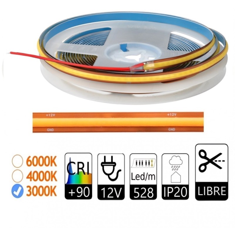 Tira led COB 12V 3000K Corte Libre 10W/m 100lum/W 528led/m IP20