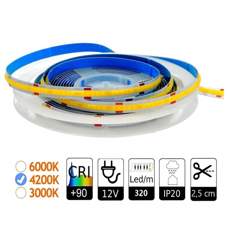 Tira led COB 12V 320leds/m 4200K IP20 10W/m CRI 90 5m
