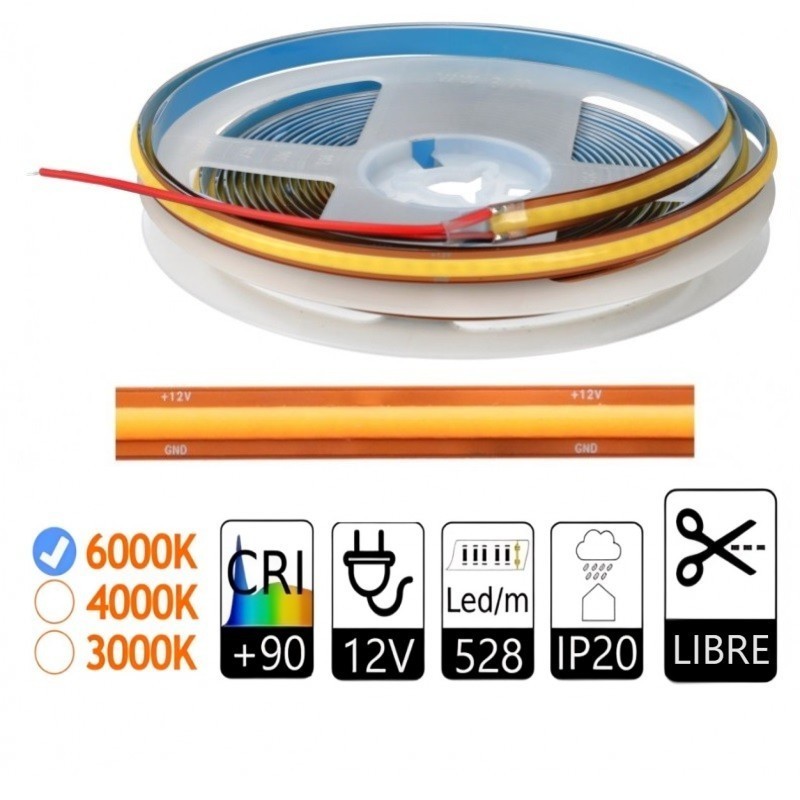 Tira led COB 12V 6000K Corte Libre 10W/m 100lum/W 528led/m IP20
