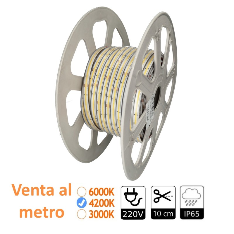 Tira LED COB 220V. Autorrectificada 4200K 10 W/m 480 led/m IP65. PCB 12mm. Corte cada 10cm. 1 metro