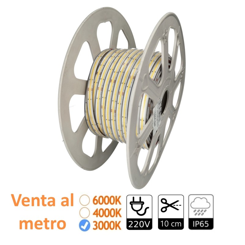 Tira LED COB 220V Autorrectificada 3000K 10W/m 480 led/m IP65. PCB 12mm. Corte cada 10cm. 1 metro.