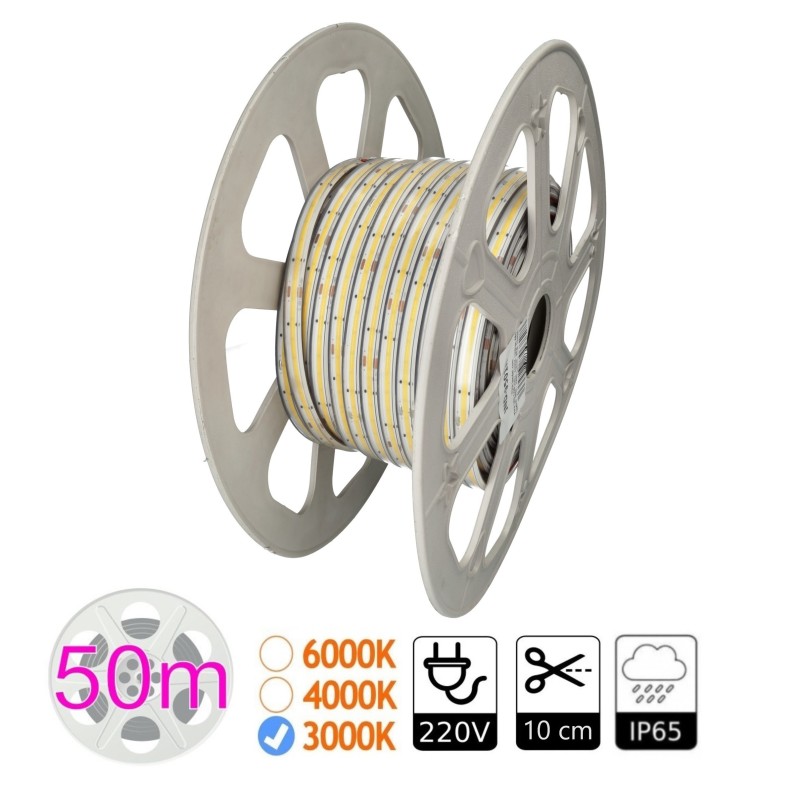 Tira LED COB 220V Autorrectificada 3000K 10W/m 480 led/m IP65. PCB 12mm. Corte cada 10cm. Bobina de 50 m.