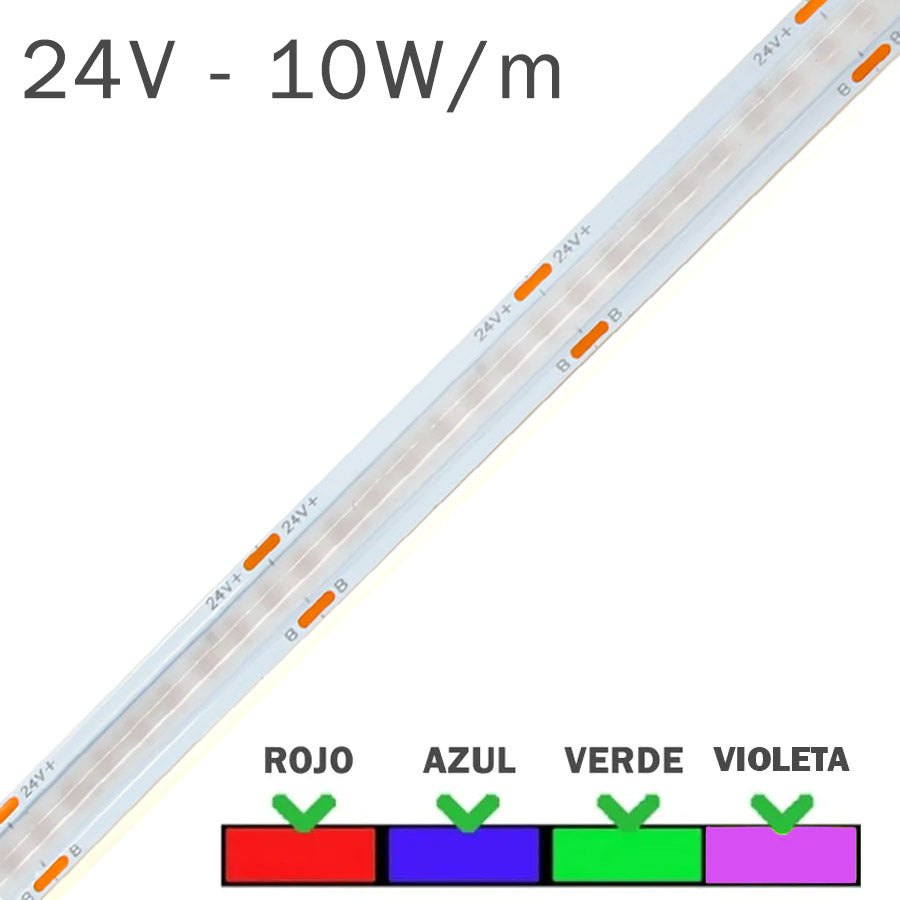 Tira LED 24V COB 10W Línea Colores Rollo 5 Metros