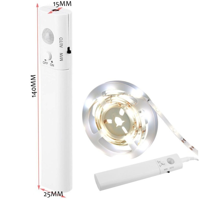 Tira LED 5V de 1m con sensor 4 pilas AAA cálida 3000K
