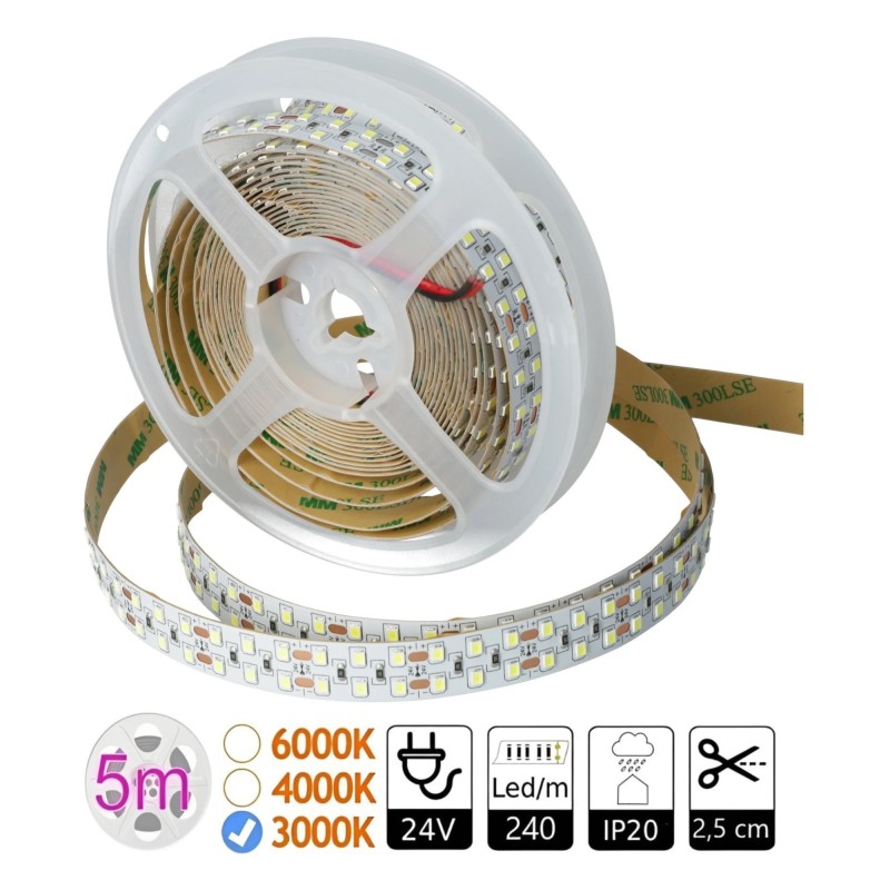 Tira led doble 24V 3000K. 240led/m. 18W/m SMD2835 PCB 15mm IP20