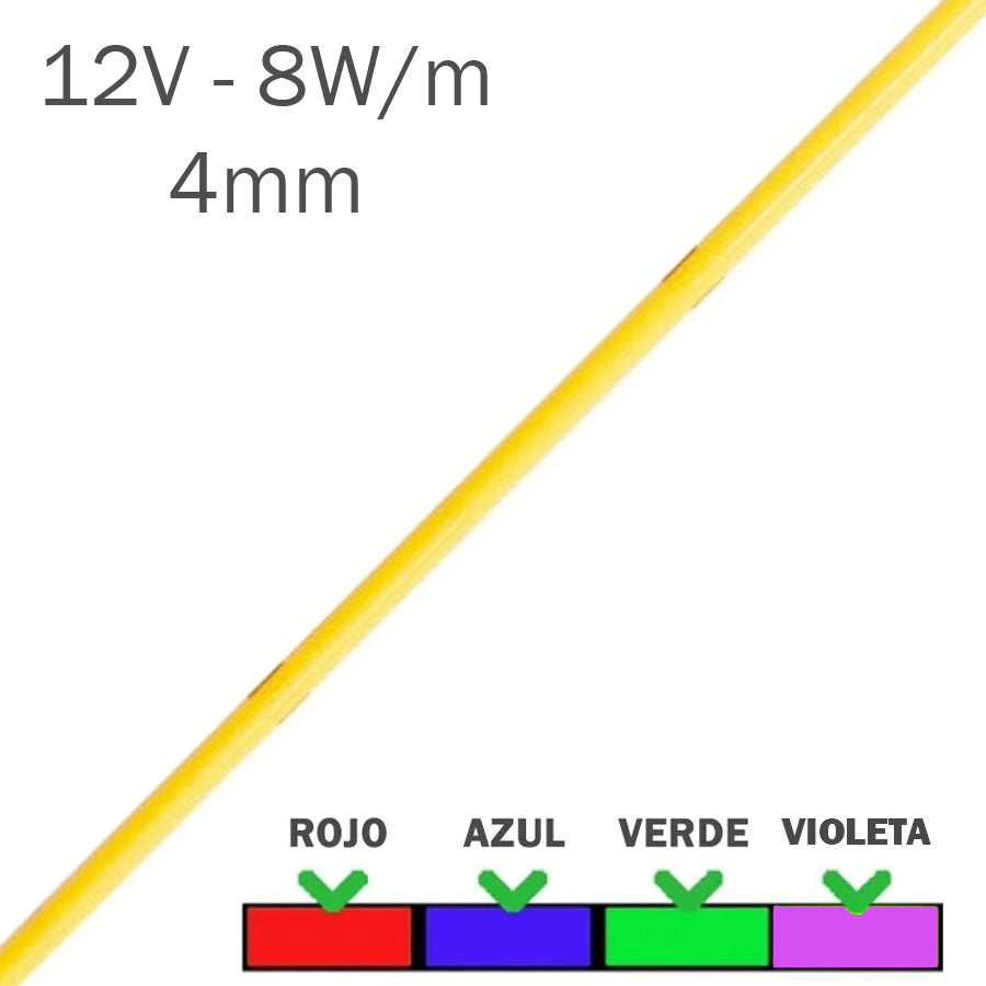 Tira LED 12V COB 8W Slim 4mm Línea Colores Rollo 5 Metros