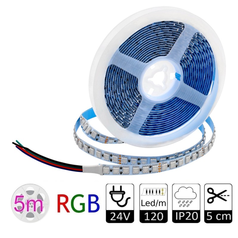 Tira led RGB 24V 120 led/m 19,2W/m PCB 10mm  SMD5050 Corte cada 5 cm