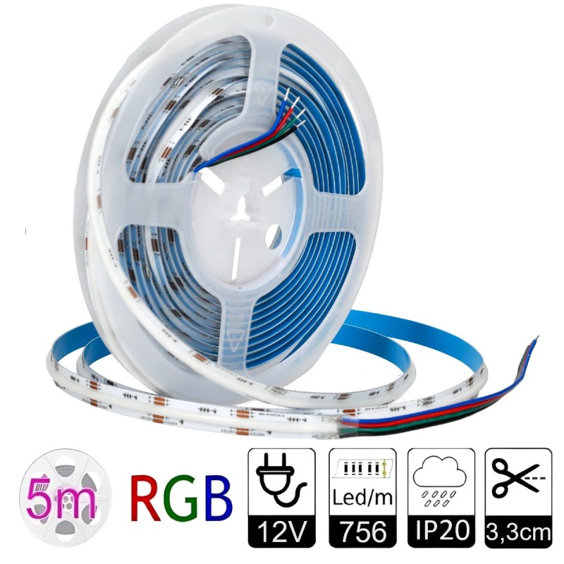 Tira led RGB COB 12VDC. 14W/m 756 led/m. Corte cada 3,3 cm. IP20