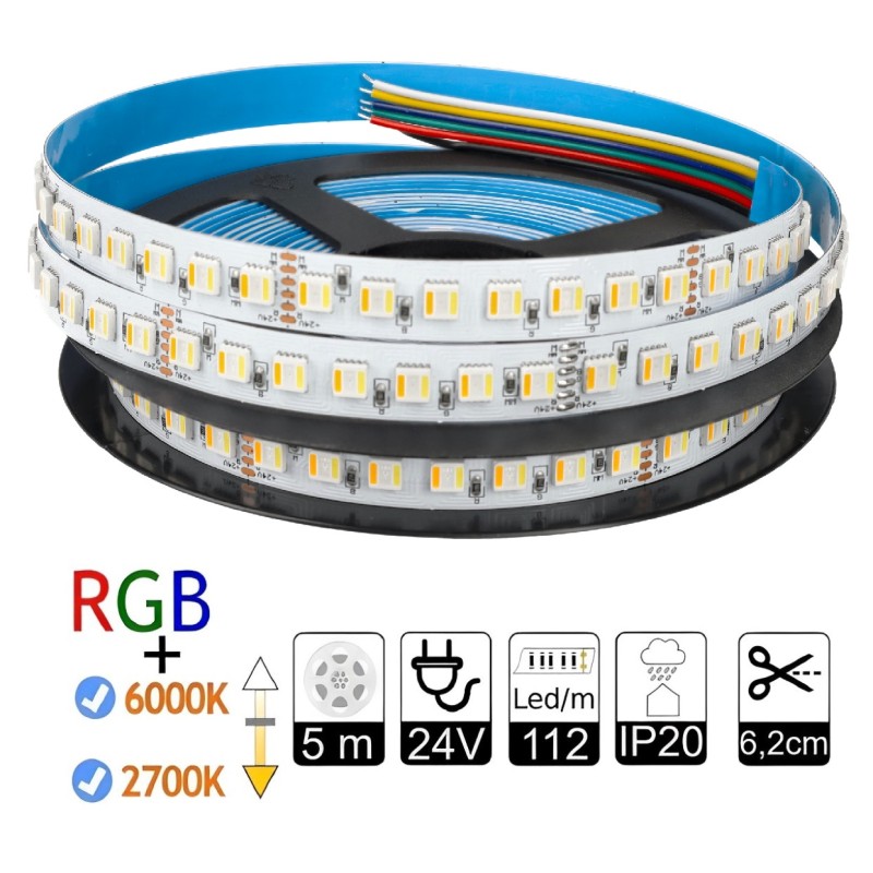 Tira led RGB+CCT 24V. 112 led/m 40W/m máximos. PCB 12mm 4oz. IP20