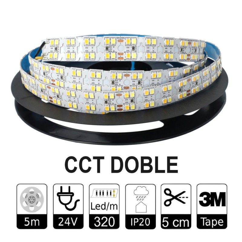 Tira led 24V Doble CCT 320 led/m Ancho PCB 15mm. Corte 5 cm