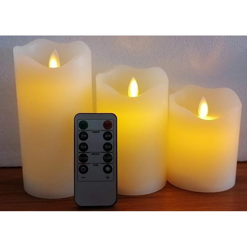 Velas LED Marfil juego de 3 Pilares de Cera Real con mando 3 Llama LED parpadeante