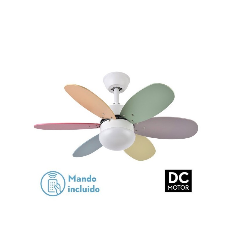 Ventilador Dc Alves 2xe27 Blanco 6 Aspas Rev. Pastel/Intenso 41x85d C/ Remoto Y Temporizador