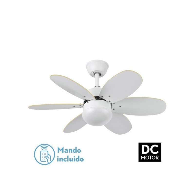 Ventilador Dc Alves 2xe27 Blanco Con 6 Aspas Rev. Blanco/haya 41x85d C/ Remoto Y Temporizador