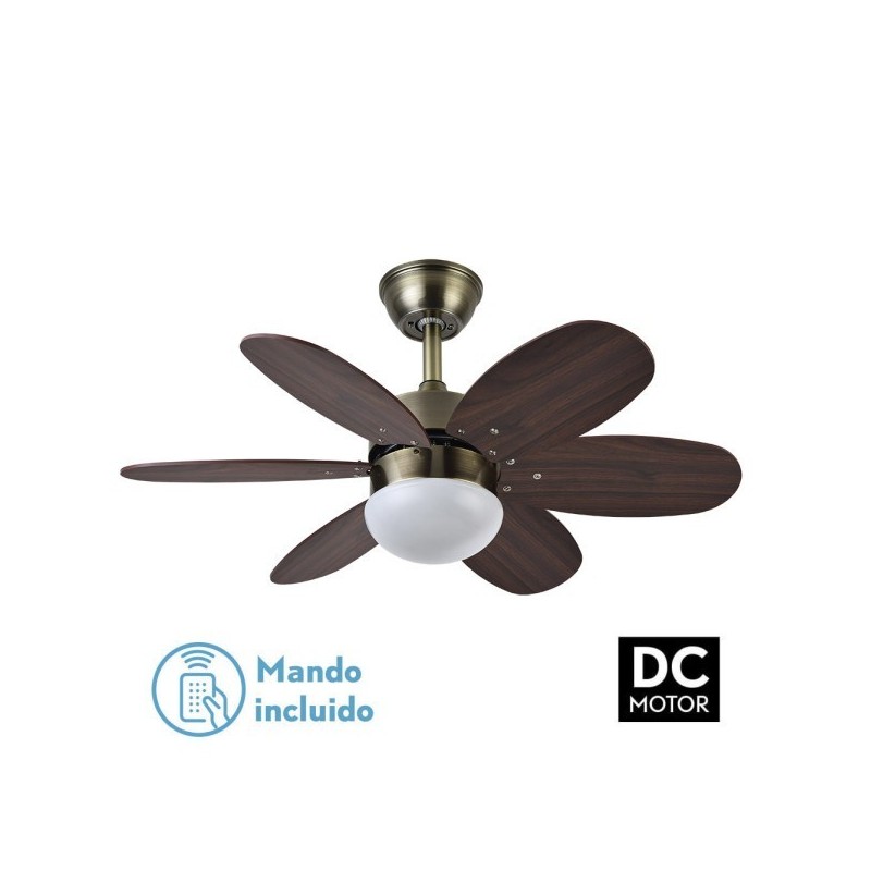 Ventilador Dc Alves 2xe27 Cuero 6 Aspas Rev. Cerezo/nogal 41x85d C/ Remoto Y Temporizador