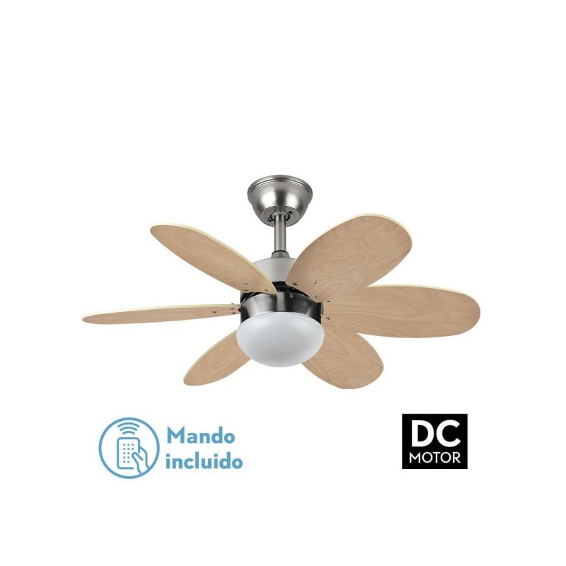 Ventilador Dc Alves 2xe27 Niquel 6 Aspas Rev. Haya/plata 41x85d C/ Remoto Y Temporizador