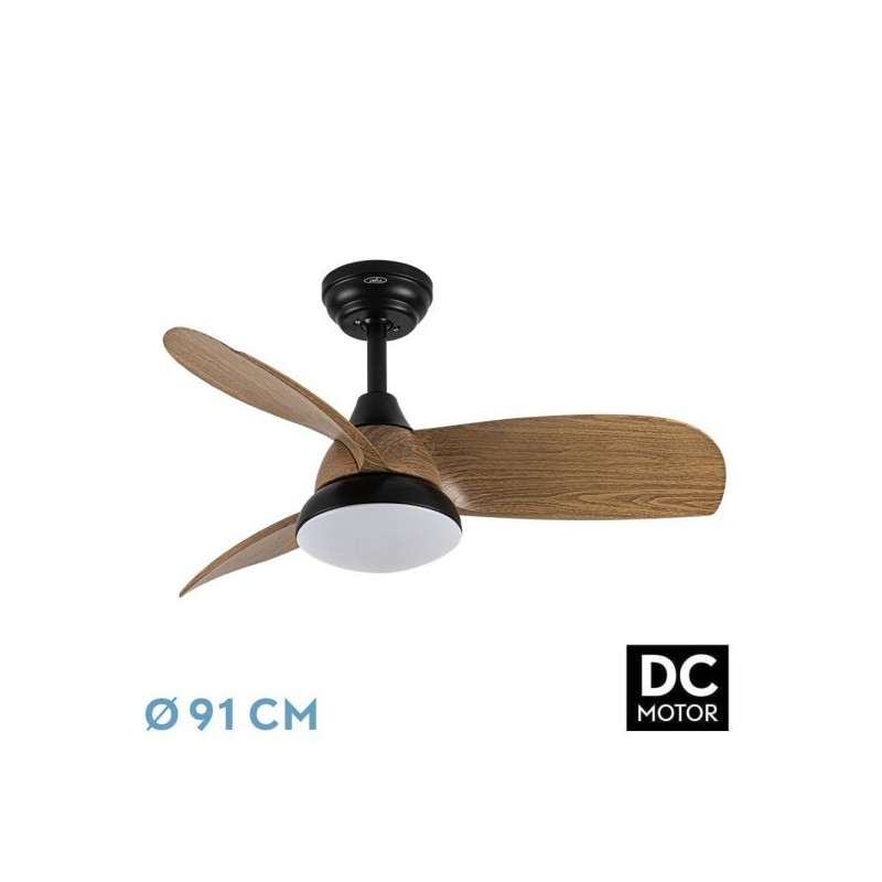Ventilador Dc Atomo 24w Negro 3aspas Madera Oscura 91d 2640lm 3000k,4000k,6000k Remoto+memoria+temporizador