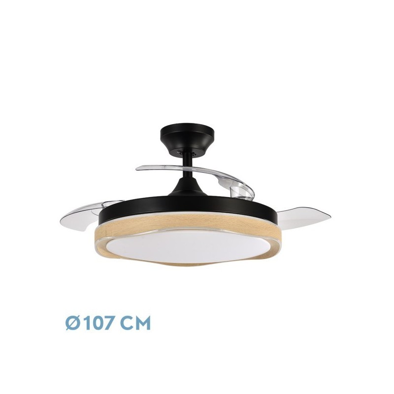 Ventilador Dc Blondi Negro/madera 72w 3aspas107d 7200lm 6vel 3000k,4500k,6000k Remoto+temporizador+memoria
