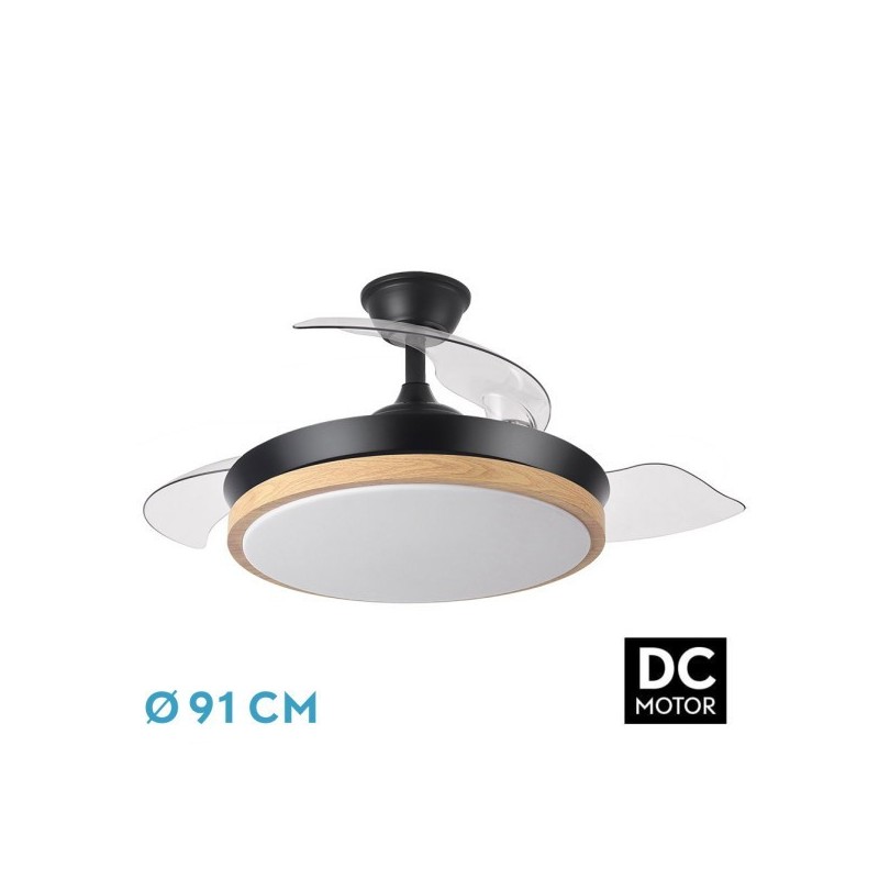 Ventilador Dc Evros Negro/hay 72w 6120lm 91d 3aspas Desplegables 3000-4000-6000k Remoto, Temporizador, Memoria