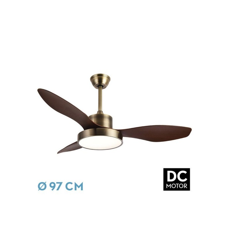 Ventilador Dc Hayate 24w 2650lm Cuero/roble 3aspas 97d 6vel 3000-4000-6000k Remoto,memoria Y Temporizador