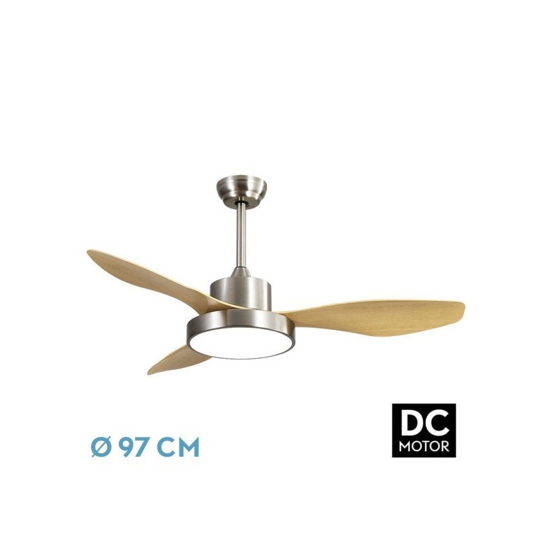 Ventilador Dc Hayate 24w 2650lm Niquel/haya 3aspas 6vel 97d 3000-4000-6000k Remoto,memoria Y Temporizador