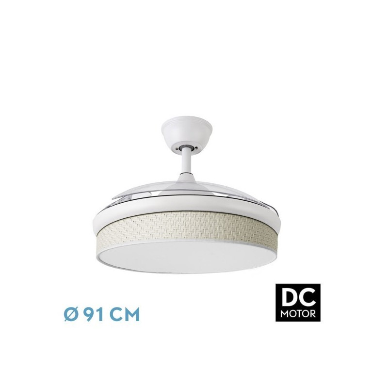 Ventilador Dc Moda 72w Blanco/cañizo Blanco 91d 3aspas 7200lm 3000-4000-6000k Remoto+ Memoria+ Temporizador