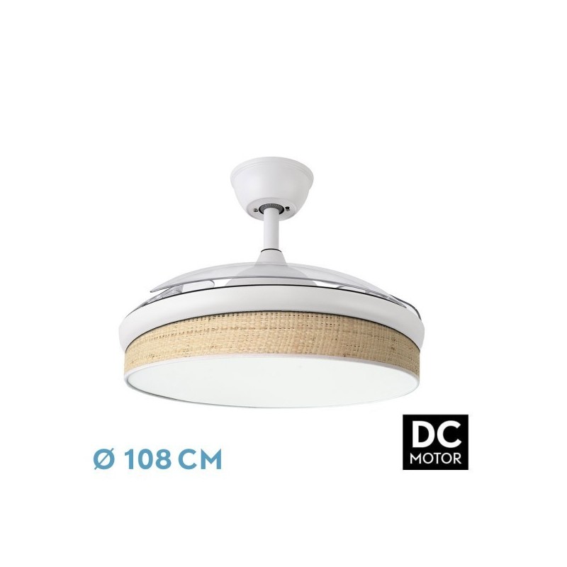 Ventilador Dc Moda 72w Blanco/cañizo Claro 108d 3aspas 7200lm 3000k,4000k,6000k Remoto+memoria+temporizador