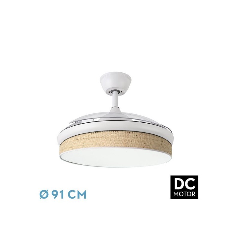 Ventilador Dc Moda 72w Blanco/cañizo Claro 91d 3aspas 7200lm 3000-4000-6000k Remoto+ Memoria+ Temporizador