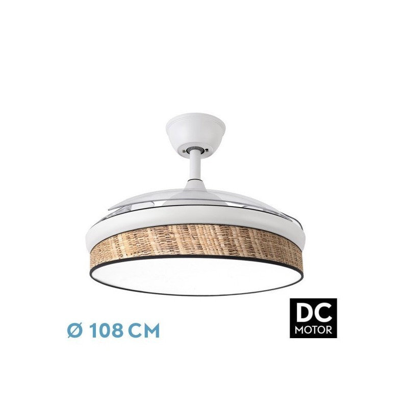 Ventilador Dc Moda 72w Blanco/cañizo Oscuro 108d 3aspas 7200lm 3000k,4000k,6000k Remoto+memoria+temporizador