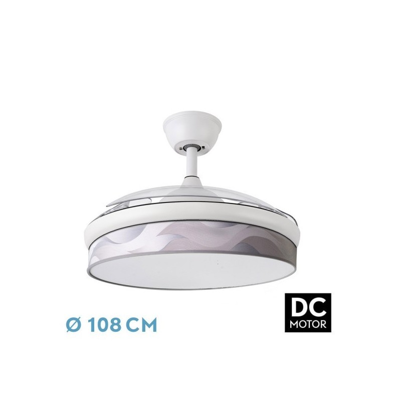 Ventilador Dc Moda 72w Blanco/ola Gris 108d 3aspas 7200lm 3000k,4000k,6000k Remoto+memoria+temporizador