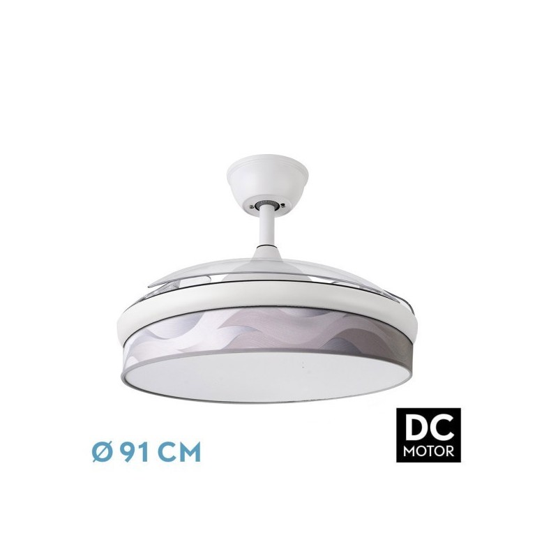 Ventilador Dc Moda 72w Blanco/ola Gris 91d 3aspas 7200lm 3000k, 4000k, 6000k Remoto+ Memoria+ Temporizador