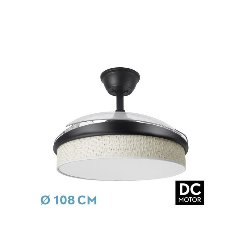 Ventilador Dc Moda 72w Negro/cañizo Blanco 108d 3aspas 7200lm 3000k,4000k,6000k Remoto+memoria+temporizador