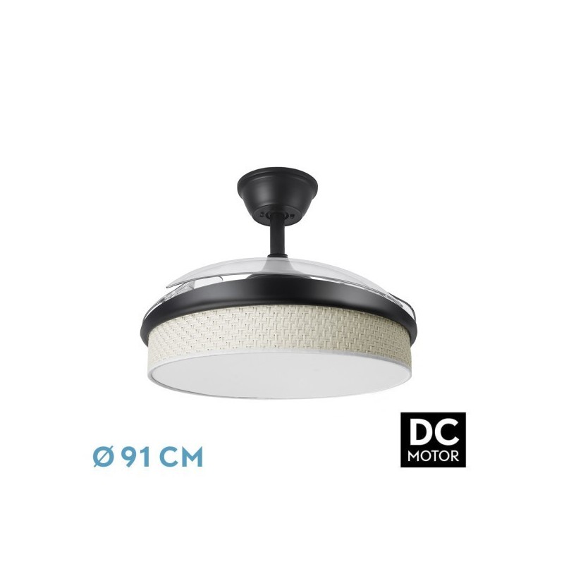 Ventilador Dc Moda 72w Negro/cañizo Blanco 91d 3aspas 7200lm 3000-4000-6000k Remoto+ Memoria+ Temporizador