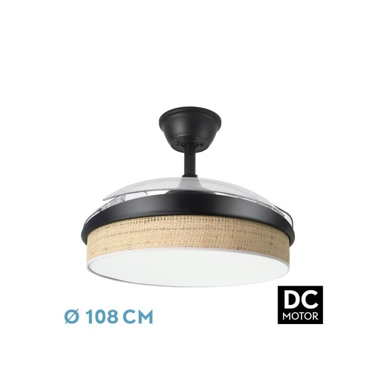Ventilador Dc Moda 72w Negro/cañizo Claro 108d 3apas 7200lm 3000k,4000k,6000k Remoto+memoria+temporizador