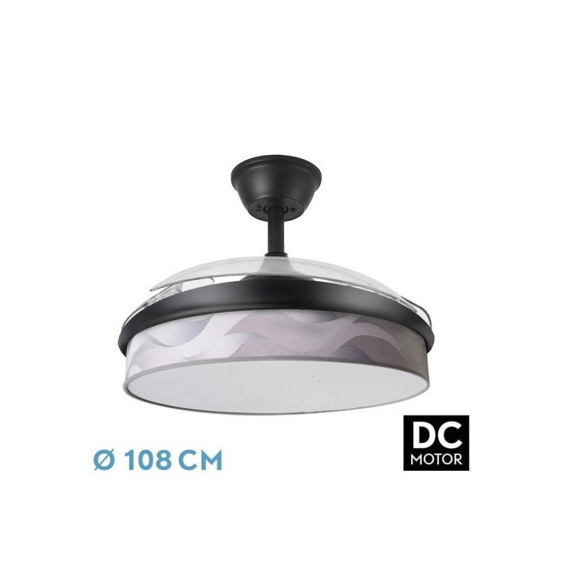 Ventilador Dc Moda 72w Negro/ola Gris 108d 3aspas 7200lm 3000k,4000k,6000k Remoto+memoria+temporizador