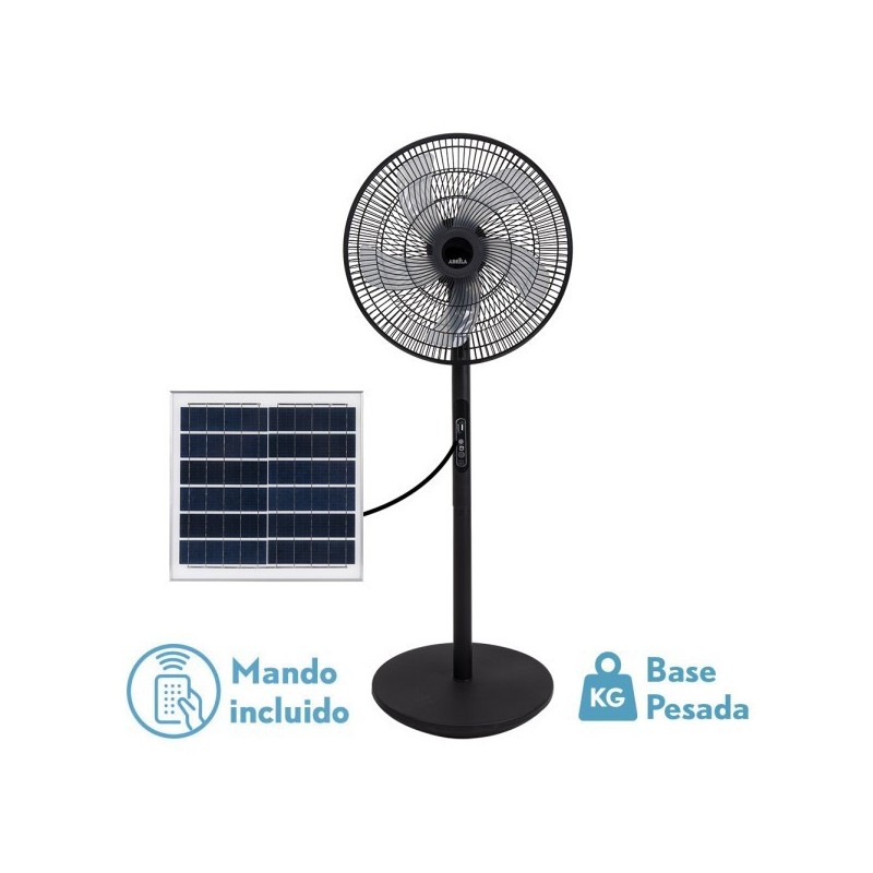 Ventilador De Pie Solar Rialto Negro 30w 3vel 5aspas Puerto Usb Bateria Litio 112x41x38cm